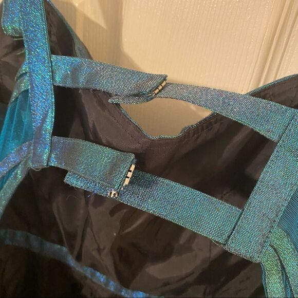 Blondie Nites A-Line Dress Junior Cage-Back Pleated Metallic Blue 11 - Picture 9 of 9